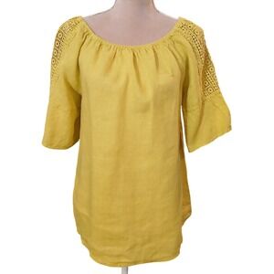 Terzo Millennio Yellow Linen Crochet Sleeve Top Made in Italy Size Medium Beach